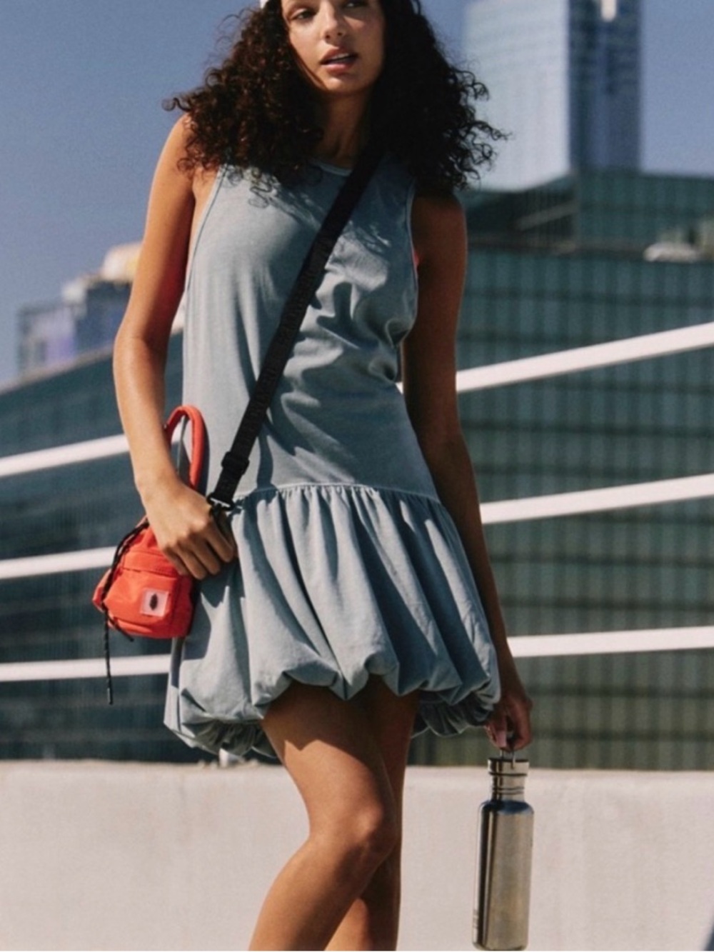 Free People Dusty Blue Sleeveless Bubble-Hem Mini Dress
